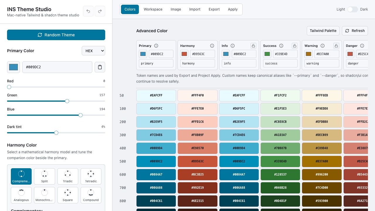 INS Theme Studio color editor with OKLCH scales, surface tokens, and validation cards
