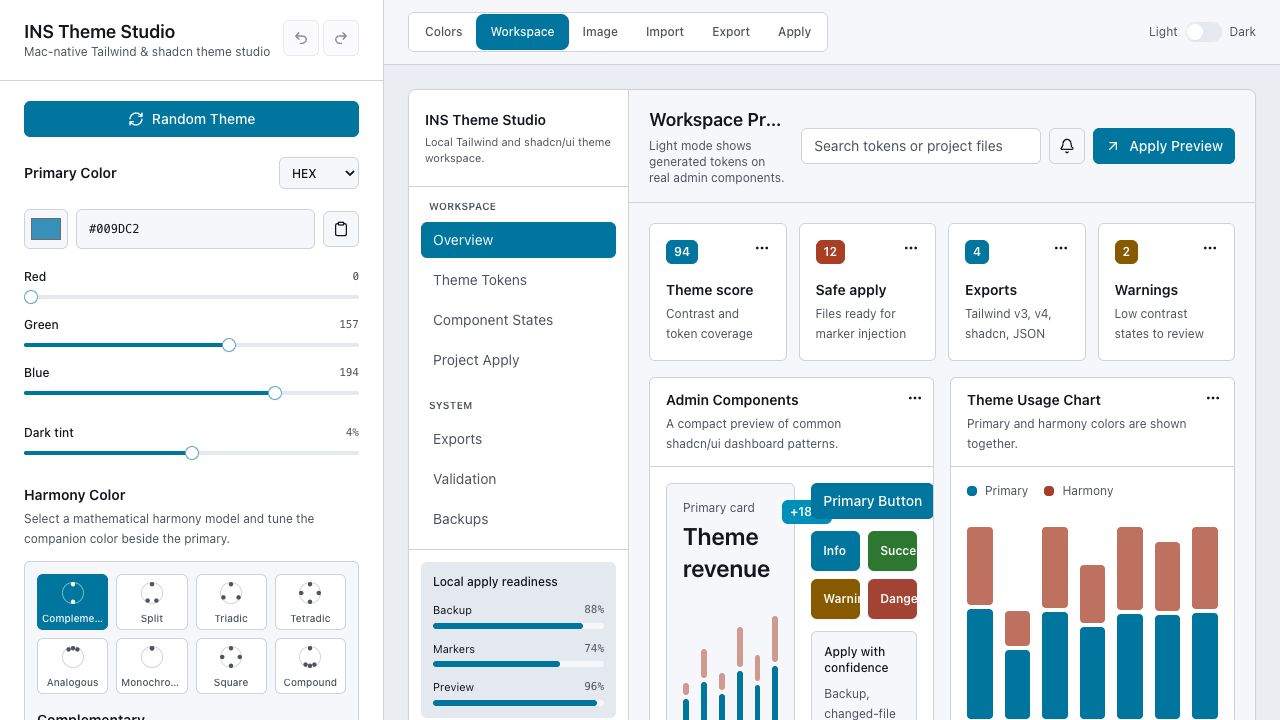 INS Theme Studio workspace preview with dashboard components